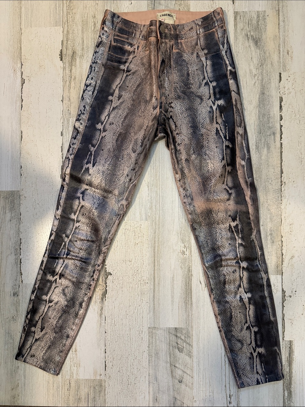 L’AGENCE Margot High Rise Skinny Snake Unique Foil Metallic Zip Pants 25 USA